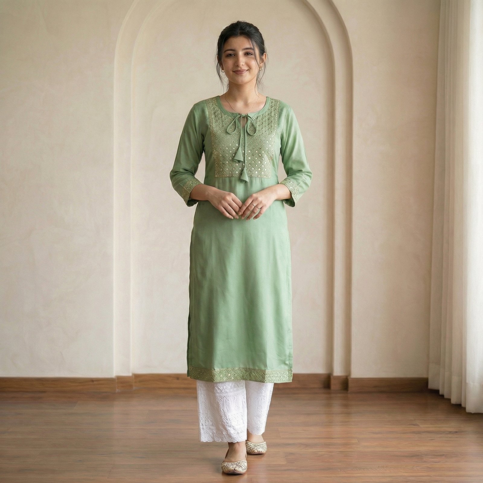 hf_20260227_042456_d7125010-087f-4684-a6e5-44792dfb479e Women’s Sage Green Embroidered Kurta Palazzo Set - Image 1
