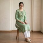 Women’s Sage Green Embroidered Kurta Palazzo Set - Image 3