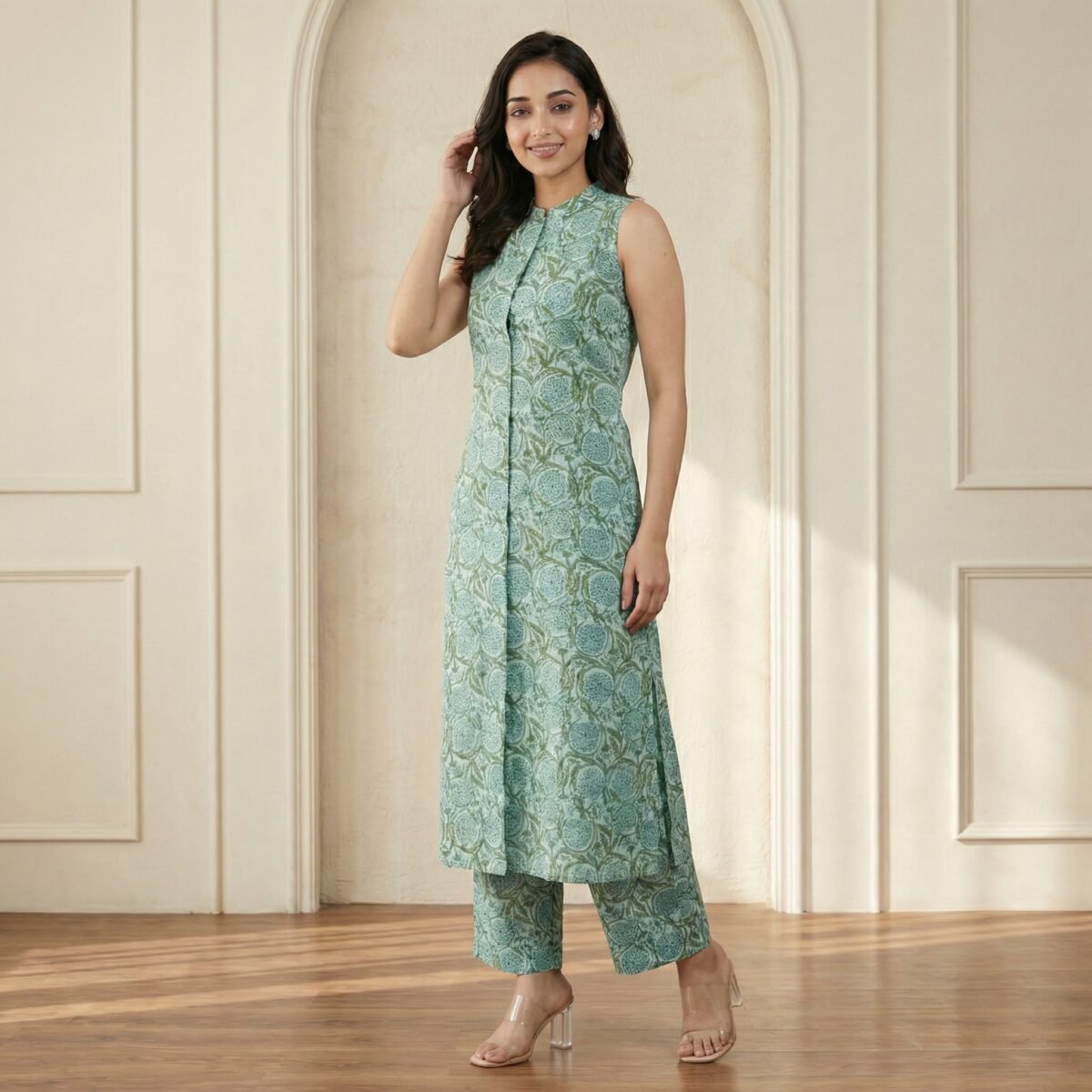 Mint Green Printed Kurta Palazzo Set – Elegant Kurti with Palazzo Pants - Image 3