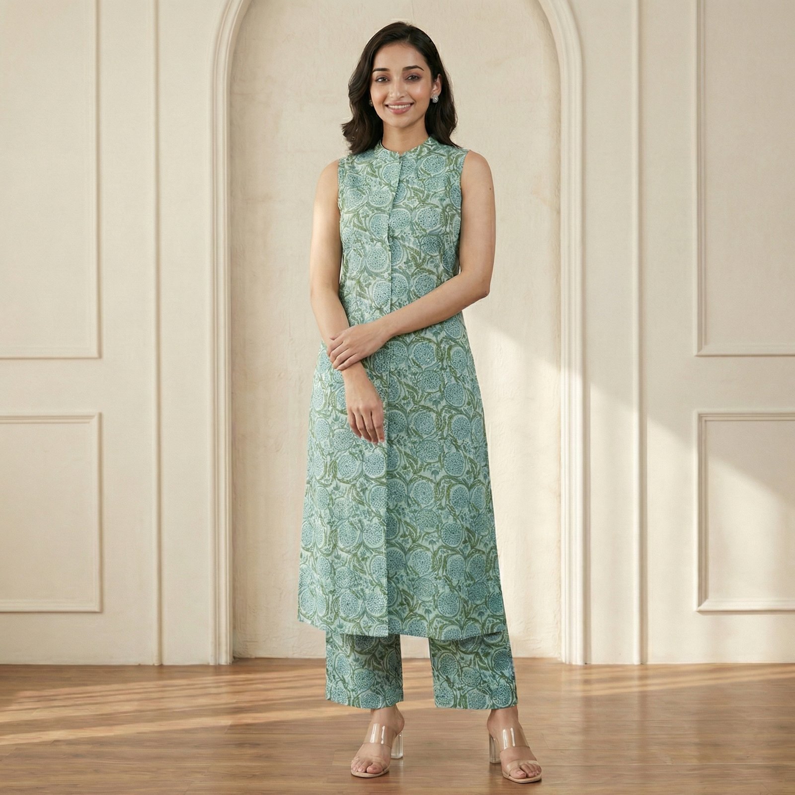 hf_20260227_051431_44ab1df3-2fd5-41f1-8fc9-e004354a4db1 Mint Green Printed Kurta Palazzo Set – Elegant Kurti with Palazzo Pants - Image 1