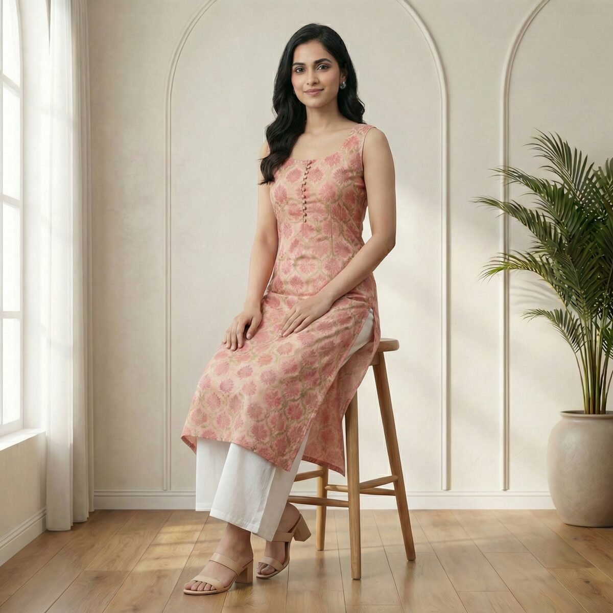 Pink Floral Printed Kurta Palazzo Set – Sleeveless Ethnic Wear - Image 3