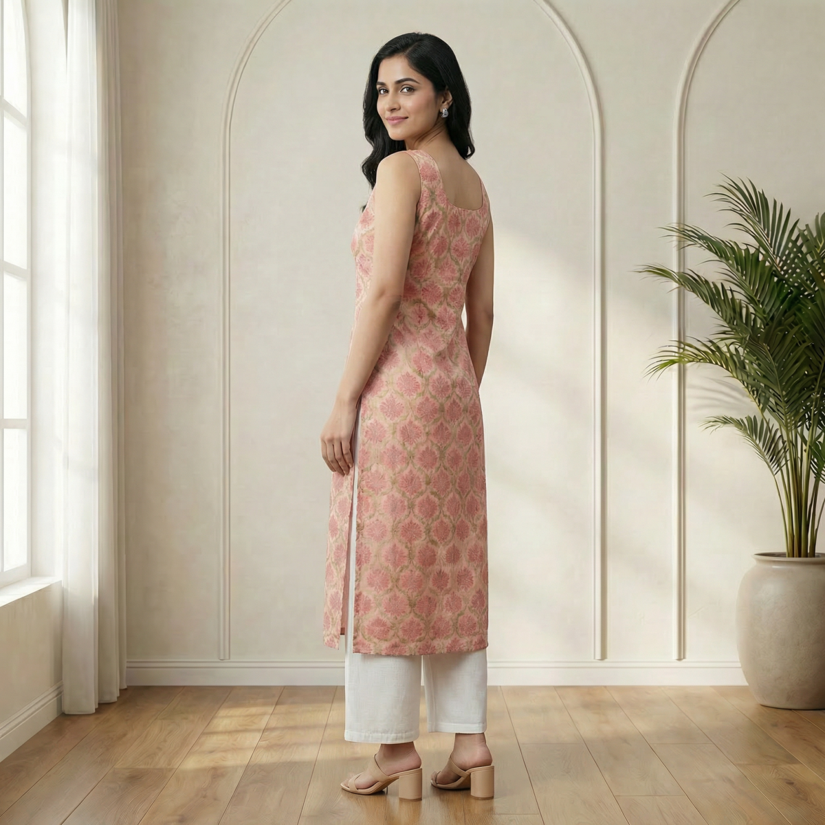 Pink Floral Printed Kurta Palazzo Set – Sleeveless Ethnic Wear - Image 2