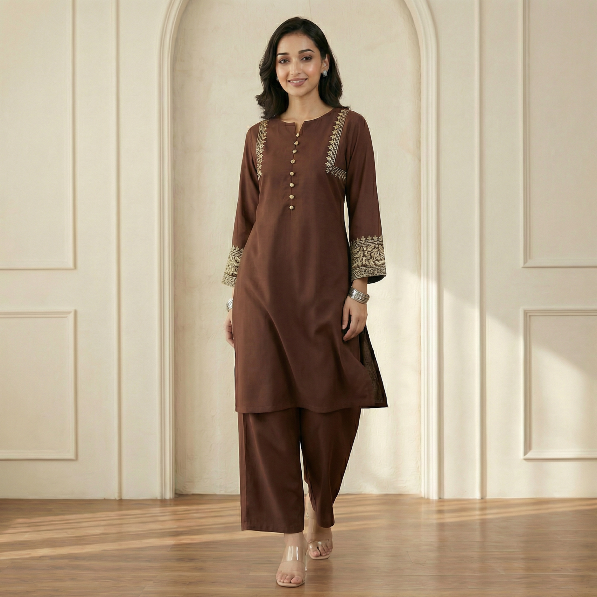 Brown Embroidered Kurta Palazzo Set for Women – Elegant Ethnic Wear - Image 3