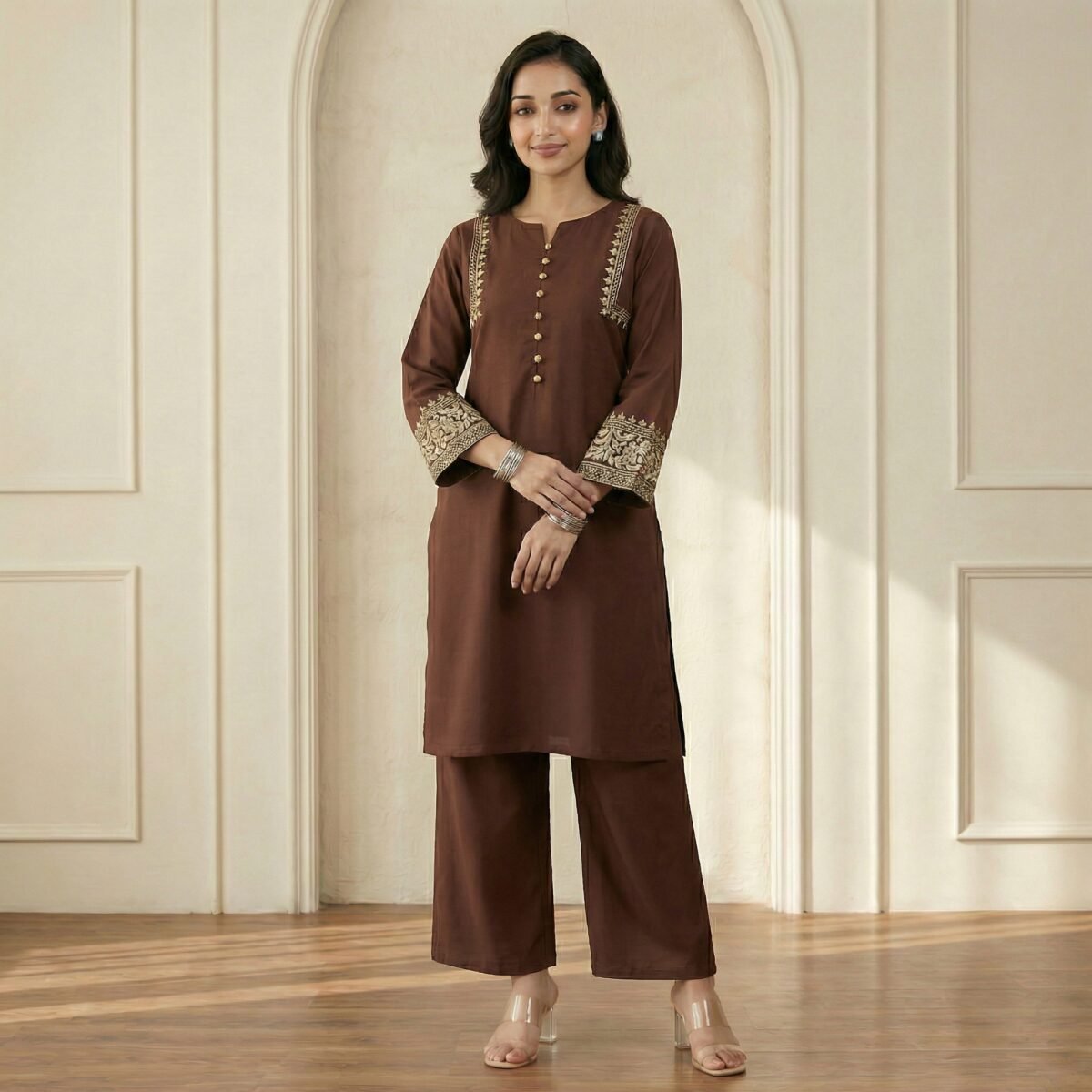 Brown Embroidered Kurta Palazzo Set for Women – Elegant Ethnic Wear - Image 4
