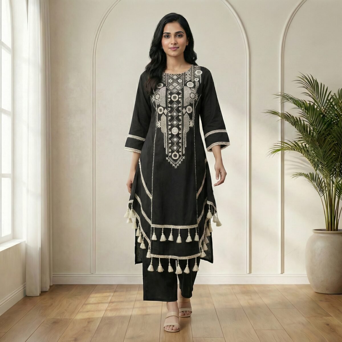 Black Embroidered Kurta Palazzo Set with Tassel Detailing - Image 4