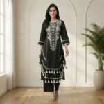 Black Embroidered Kurta Palazzo Set with Tassel Detailing - Image 4