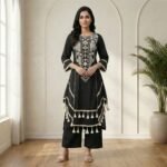 Black Embroidered Kurta Palazzo Set with Tassel Detailing