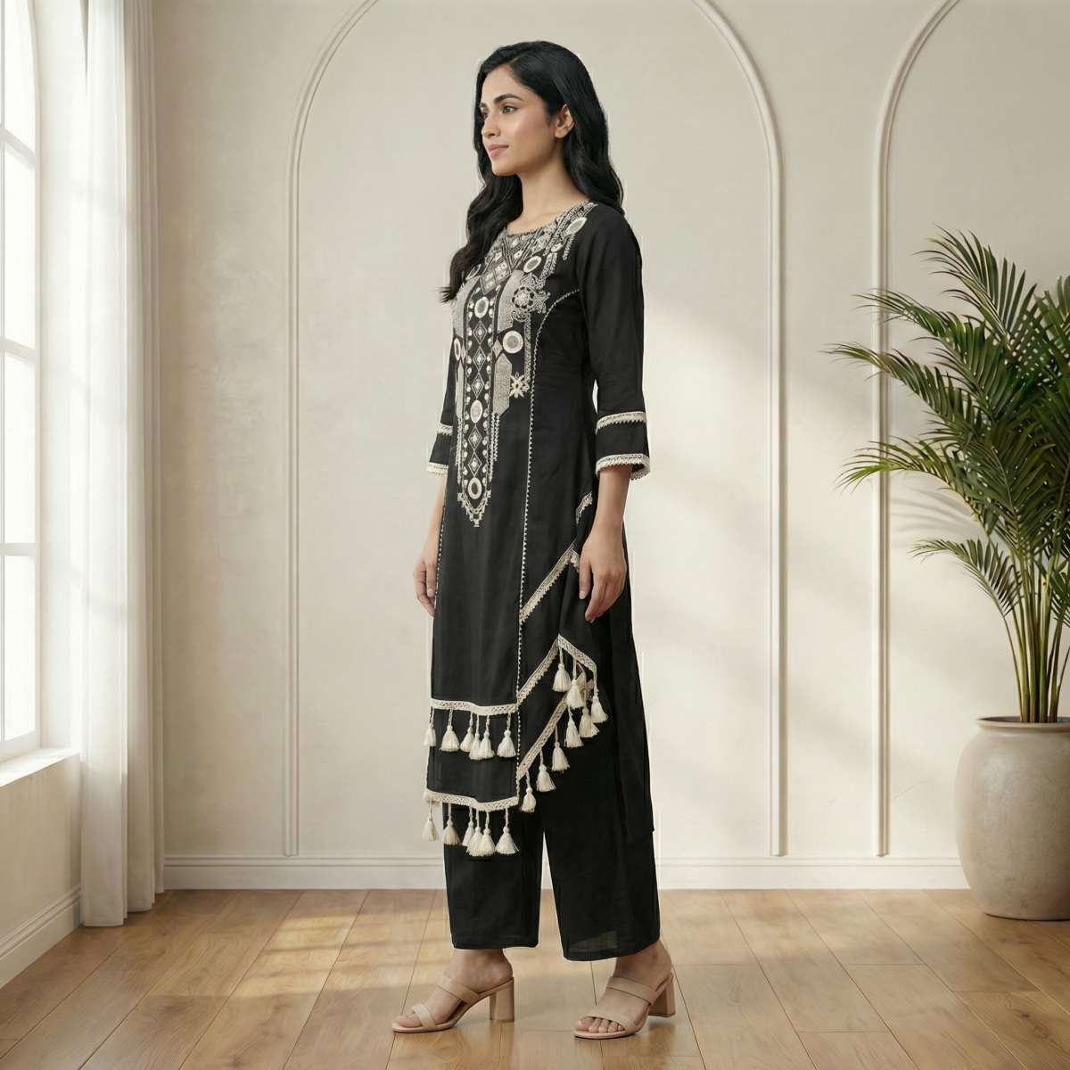 Black Embroidered Kurta Palazzo Set with Tassel Detailing - Image 2