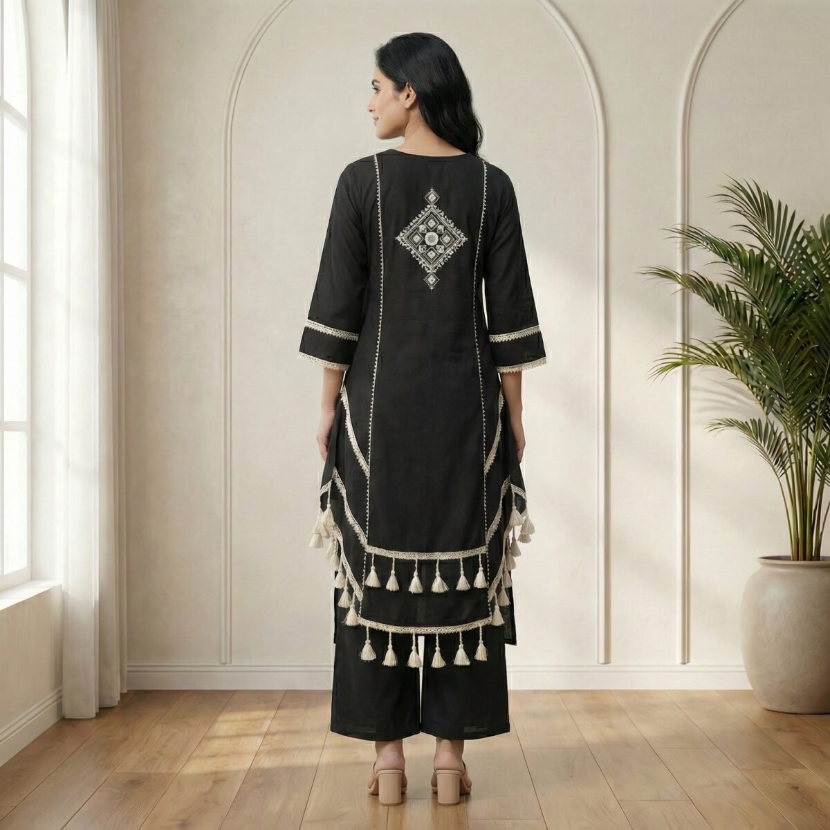 Black Embroidered Kurta Palazzo Set with Tassel Detailing - Image 3