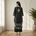 Black Embroidered Kurta Palazzo Set with Tassel Detailing - Image 3