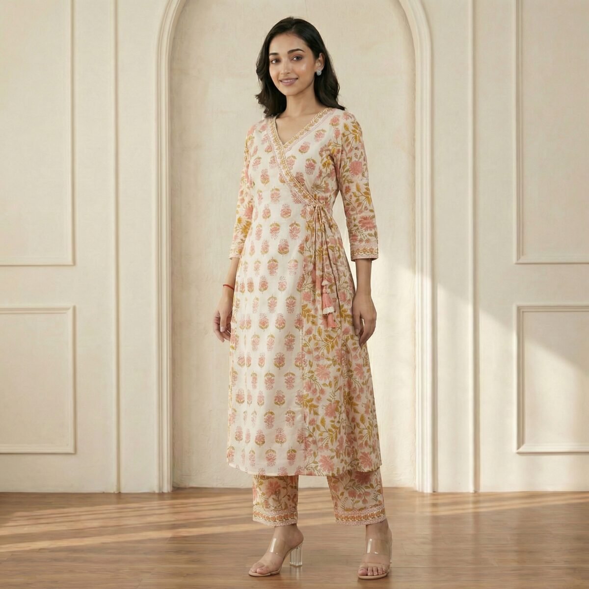 Peach Floral Printed Wrap Kurta Pant Set – Elegant Ethnic Wear - Image 3