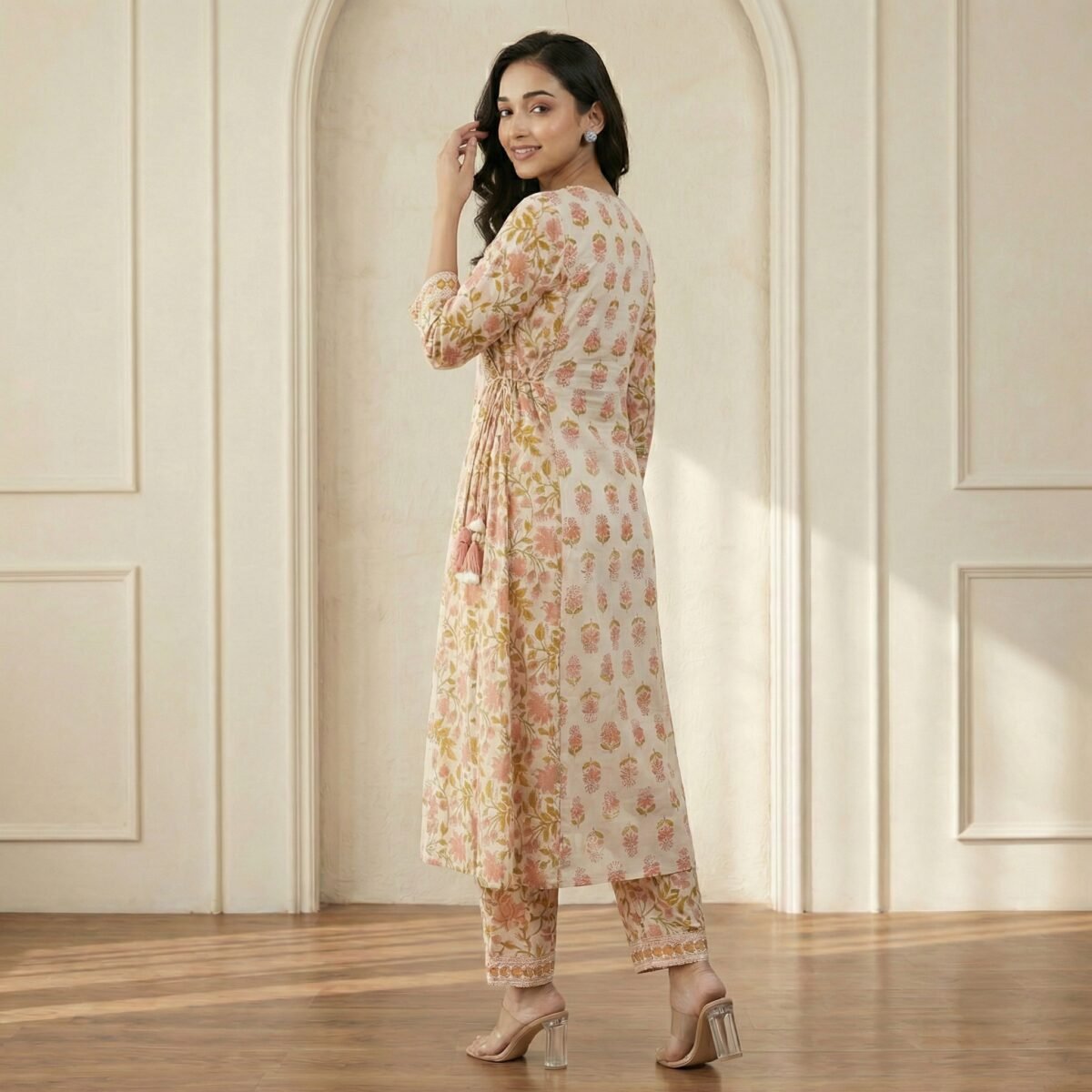 Peach Floral Printed Wrap Kurta Pant Set – Elegant Ethnic Wear - Image 2