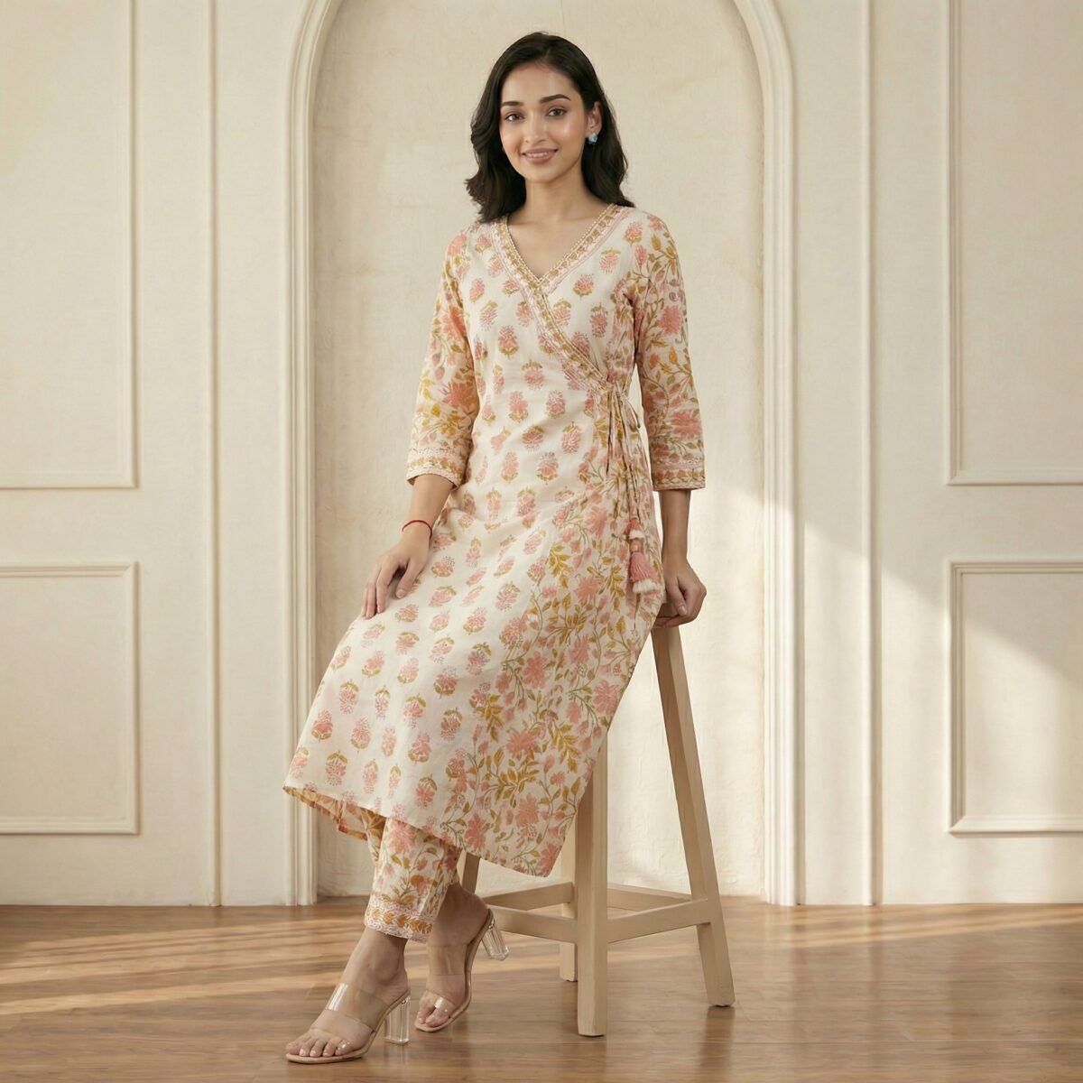 Peach Floral Printed Wrap Kurta Pant Set – Elegant Ethnic Wear - Image 4