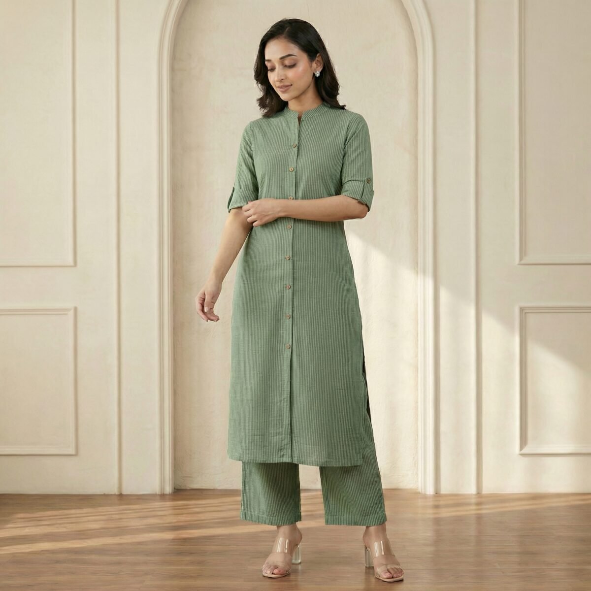 Sage Green Cotton Kurta Pant Set – Elegant Straight Fit Ethnic Wear - Image 3