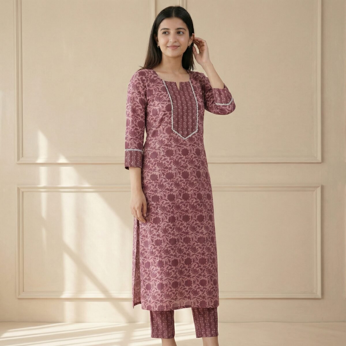 Mauve Floral Printed Kurta Pant Set for Women – Elegant Ethnic Wear - Image 2