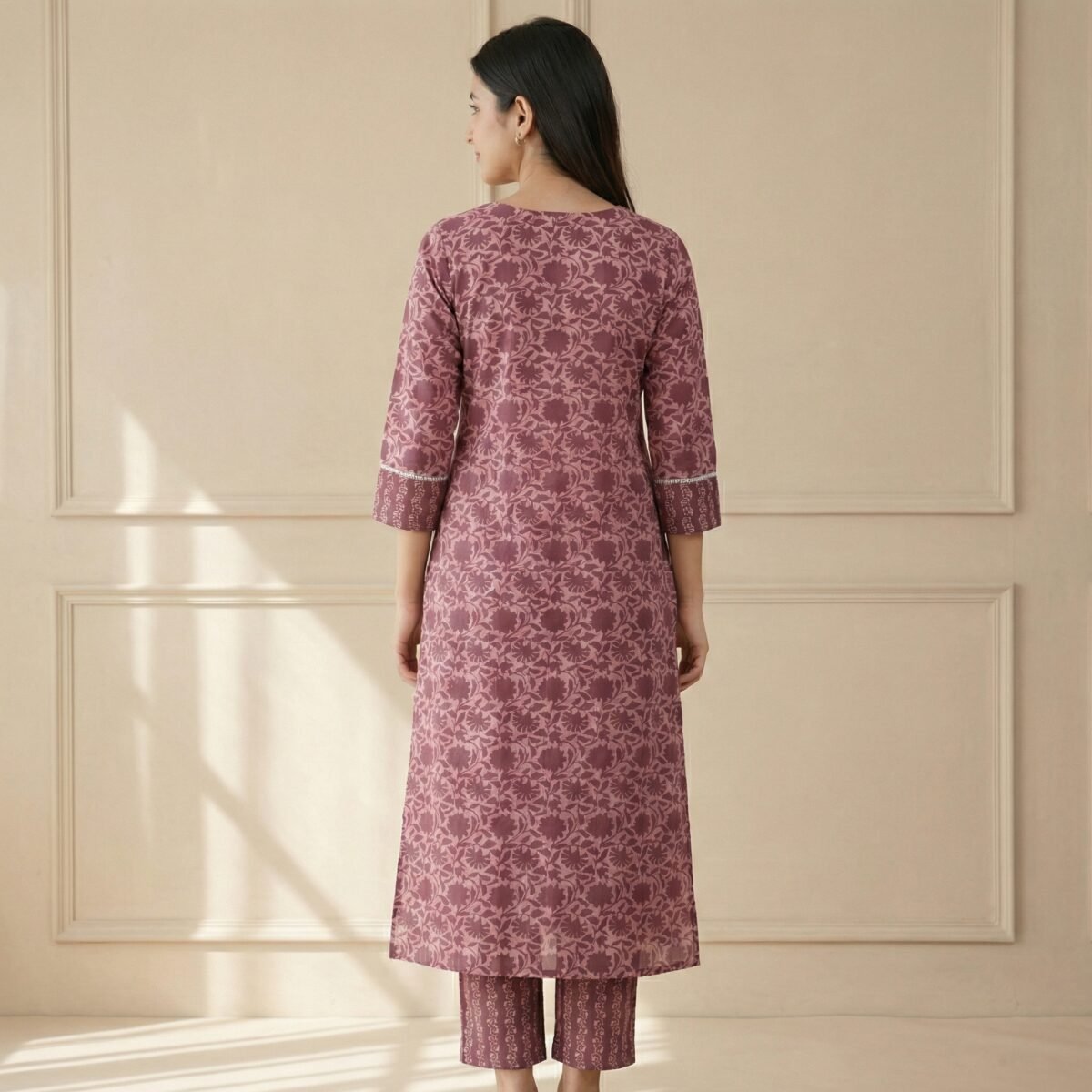 Mauve Floral Printed Kurta Pant Set for Women – Elegant Ethnic Wear - Image 3