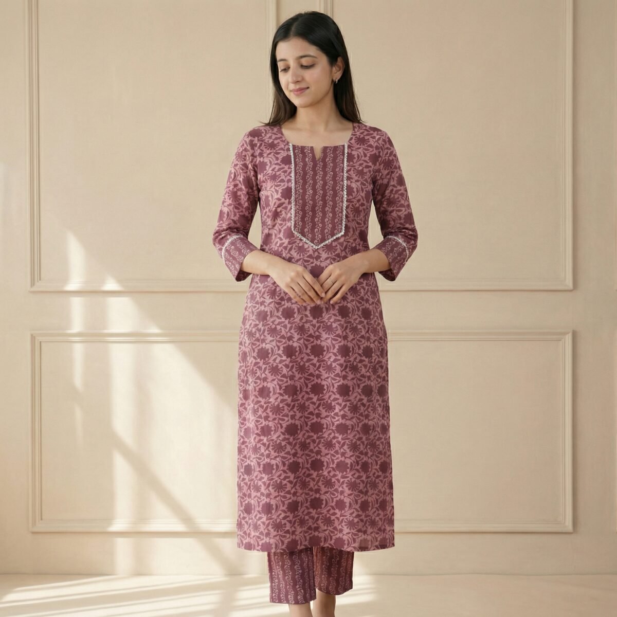 Mauve Floral Printed Kurta Pant Set for Women – Elegant Ethnic Wear - Image 4