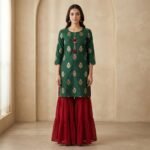 Emerald Green Gold Buti Kurta with Red Georgette Sharara Set