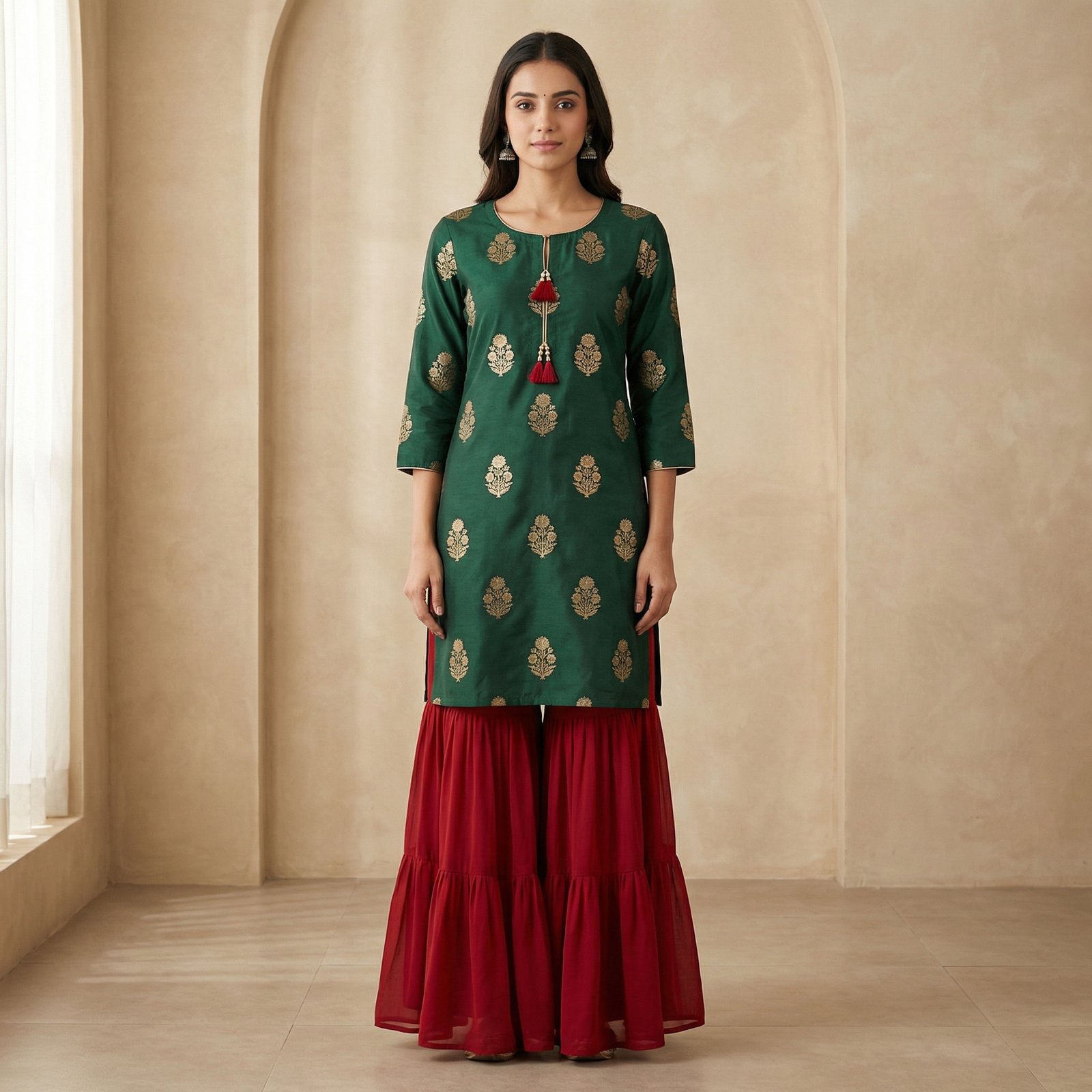 hf_20260227_102504_ab02b4d3-8b54-4fce-b2f6-f7ede04371a9 Emerald Green Gold Buti Kurta with Red Georgette Sharara Set - Image 1