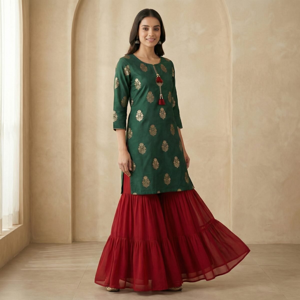 Emerald Green Gold Buti Kurta with Red Georgette Sharara Set - Image 2