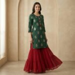Emerald Green Gold Buti Kurta with Red Georgette Sharara Set - Image 2