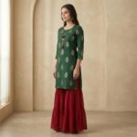 Emerald Green Gold Buti Kurta with Red Georgette Sharara Set - Image 3