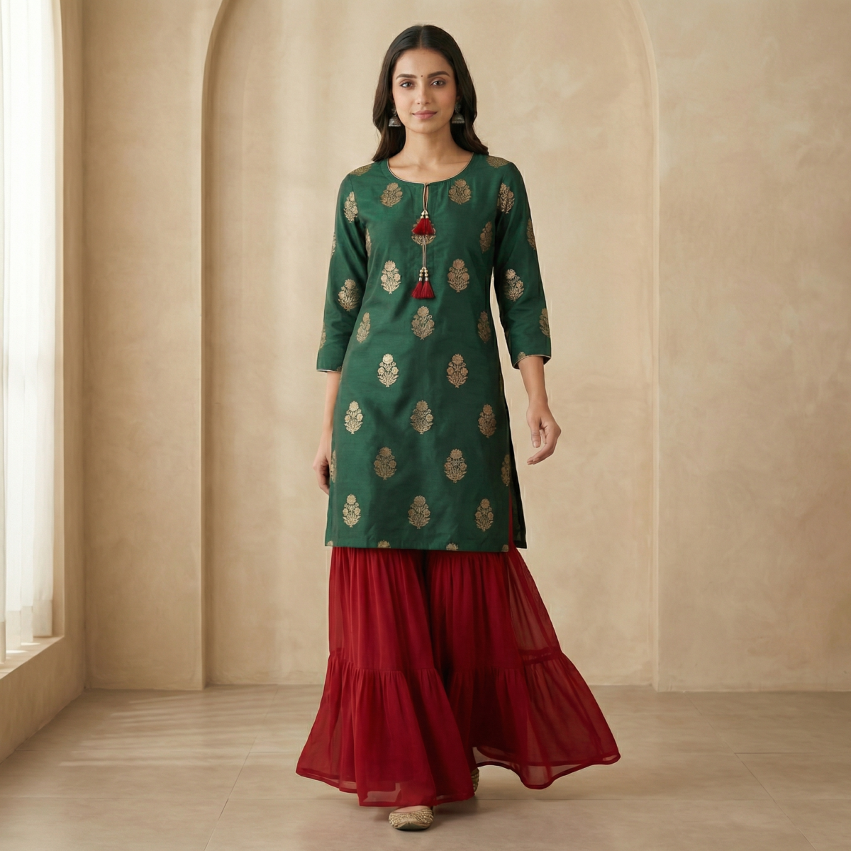 Emerald Green Gold Buti Kurta with Red Georgette Sharara Set - Image 4