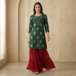 Emerald Green Gold Buti Kurta with Red Georgette Sharara Set - Image 4