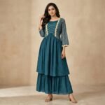 Teal Embroidered Cotton Blend Kurta Sharara Set for Women