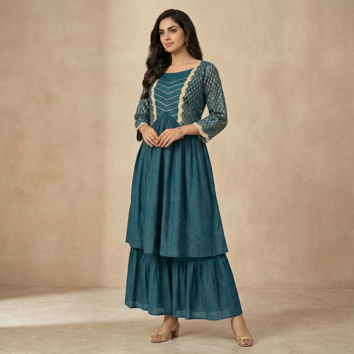 Teal Embroidered Cotton Blend Kurta Sharara Set for Women - Image 2