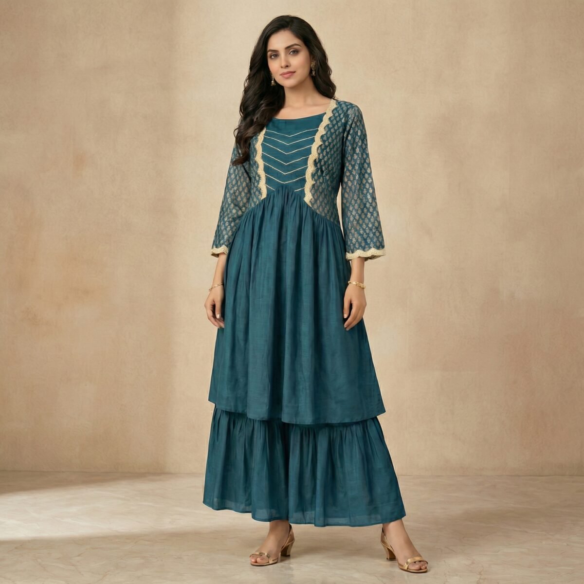 Teal Embroidered Cotton Blend Kurta Sharara Set for Women - Image 4
