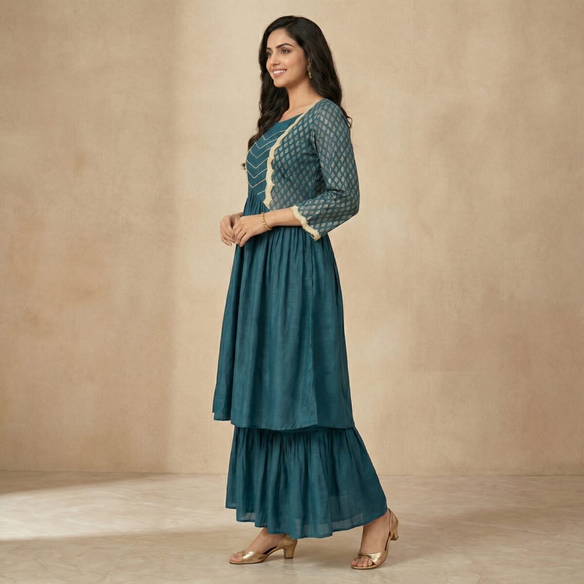 Teal Embroidered Cotton Blend Kurta Sharara Set for Women - Image 3