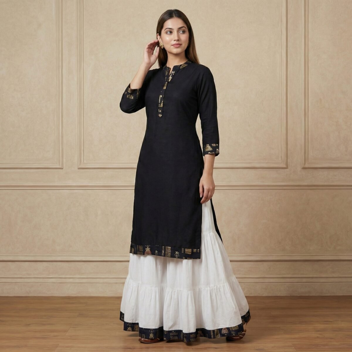 Black Embroidered Kurta with White Flared Sharara Set - Image 4