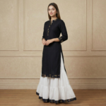 Black Embroidered Kurta with White Flared Sharara Set - Image 2