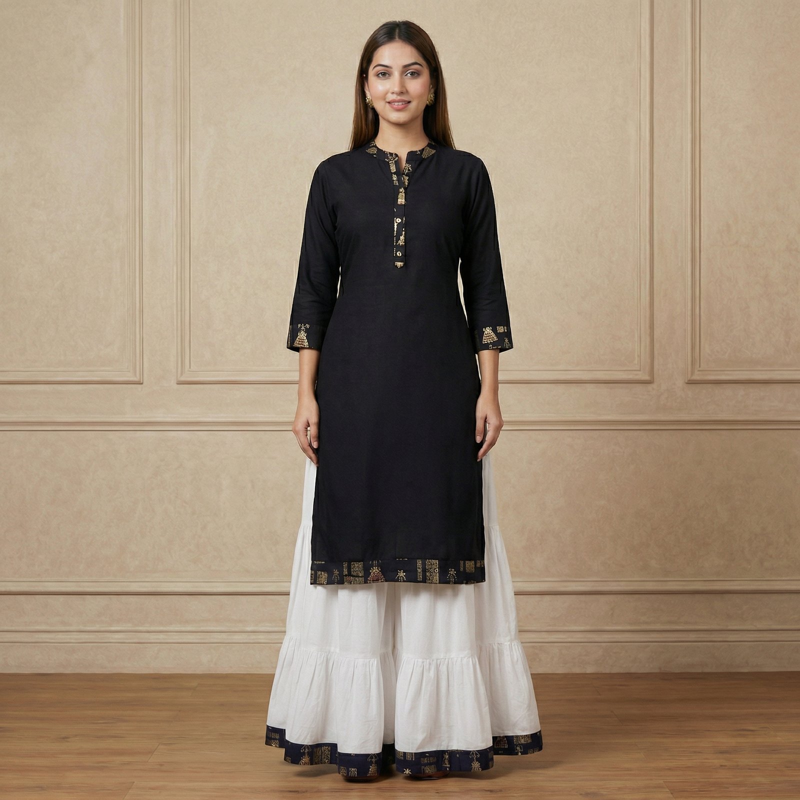 hf_20260227_115643_075c736c-3aa1-468e-af55-896f5ff58259 Black Embroidered Kurta with White Flared Sharara Set - Image 1