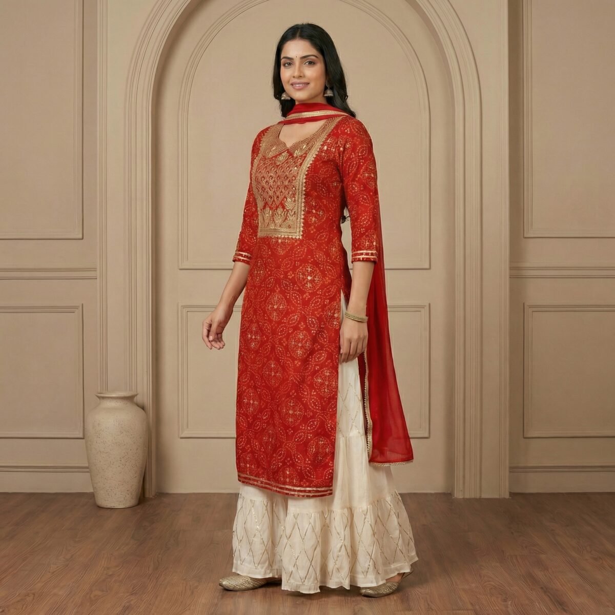 Red Embroidered Sharara Set with Cream Flared Bottom & Dupatta - Image 2