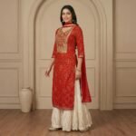 Red Embroidered Sharara Set with Cream Flared Bottom & Dupatta - Image 2