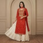 Red Embroidered Sharara Set with Cream Flared Bottom & Dupatta - Image 4