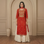 Red Embroidered Sharara Set with Cream Flared Bottom & Dupatta