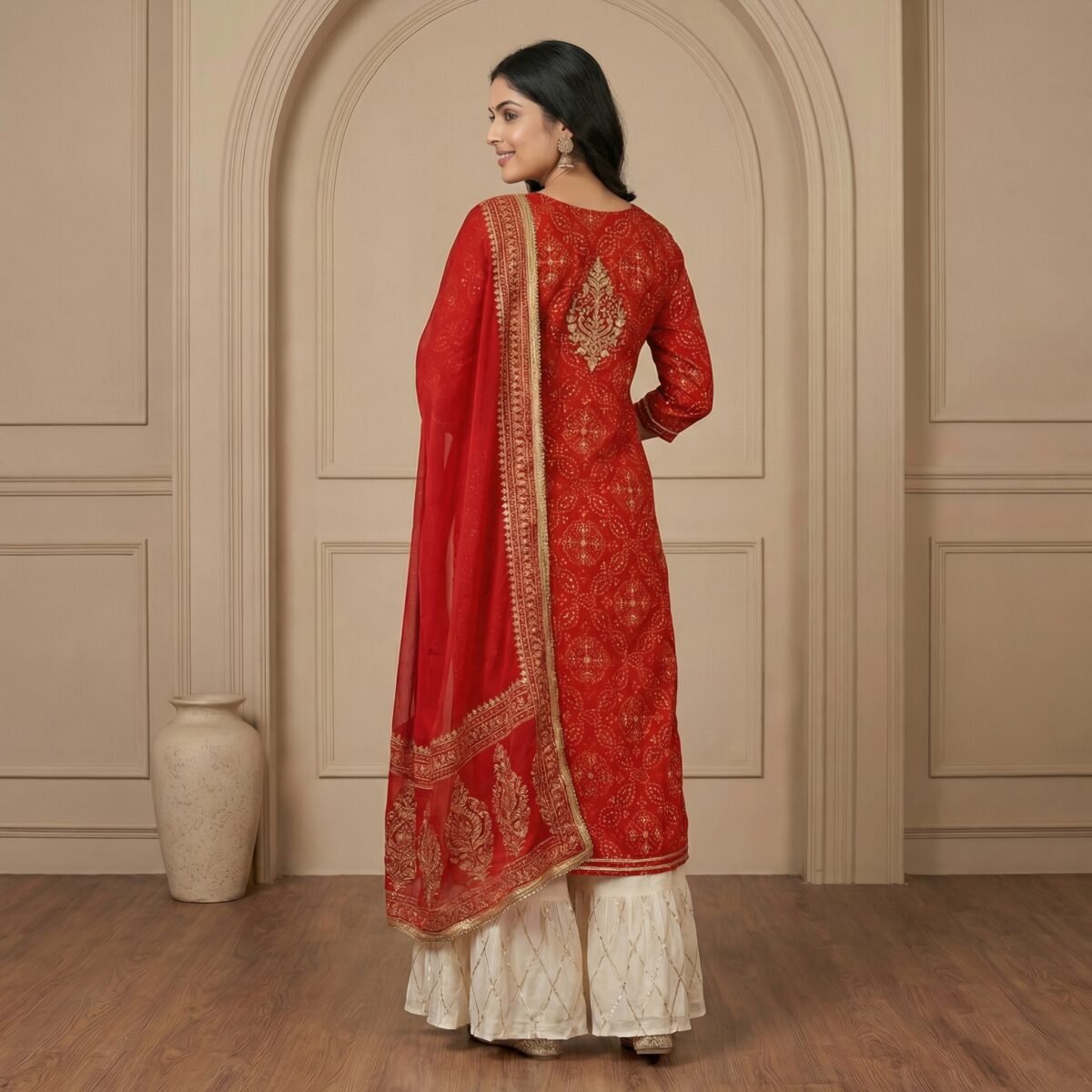 Red Embroidered Sharara Set with Cream Flared Bottom & Dupatta - Image 3