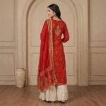 Red Embroidered Sharara Set with Cream Flared Bottom & Dupatta - Image 3