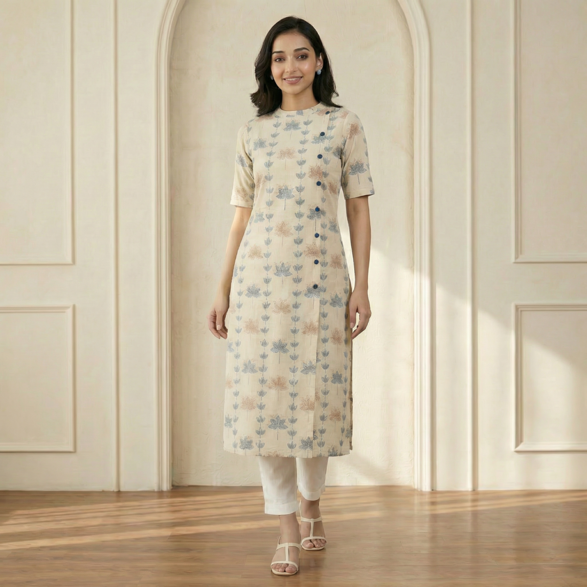 Beige Floral Printed Cotton Kurta Pant Set for Women - Image 3