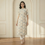 Beige Floral Printed Cotton Kurta Pant Set for Women - Image 3