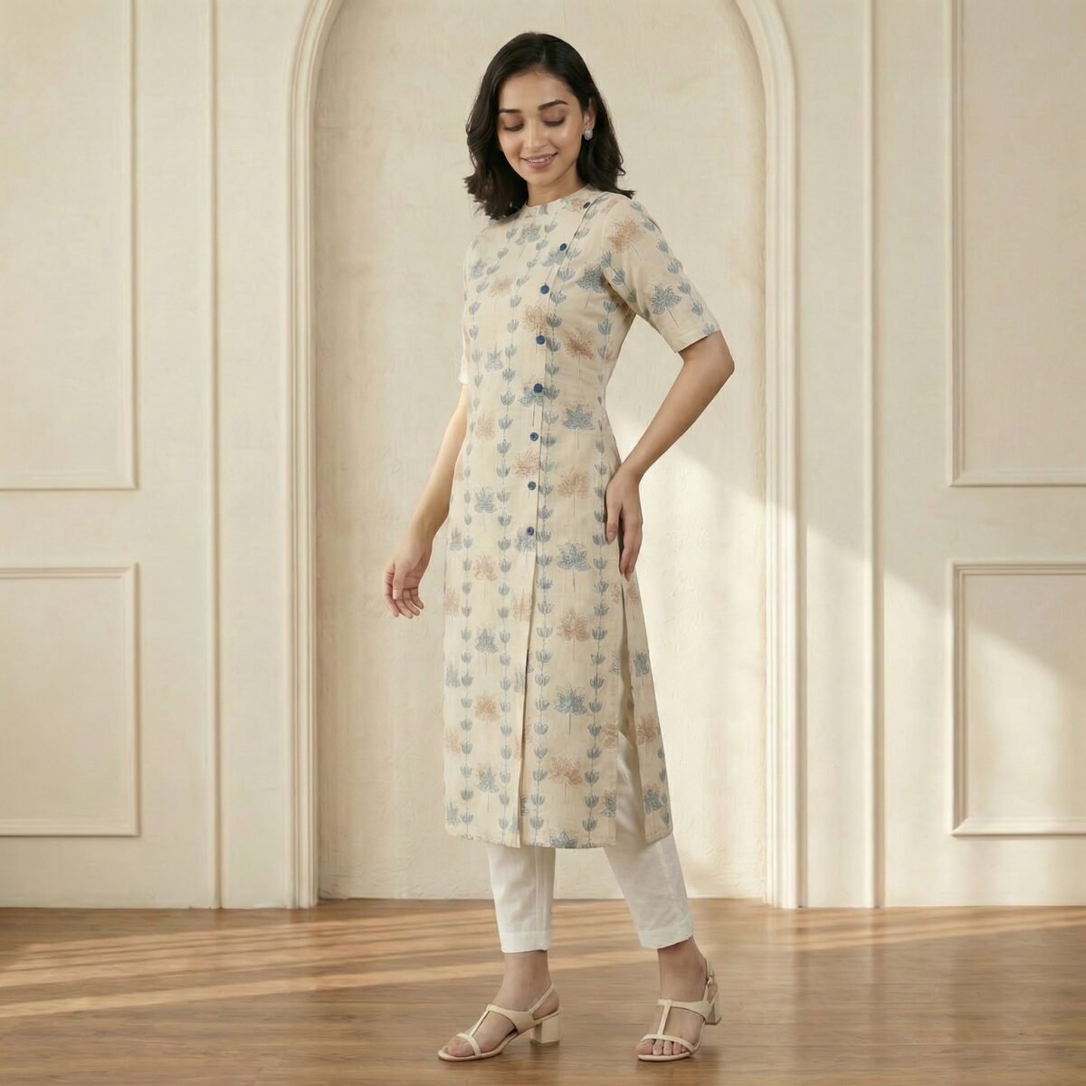 Beige Floral Printed Cotton Kurta Pant Set for Women - Image 4