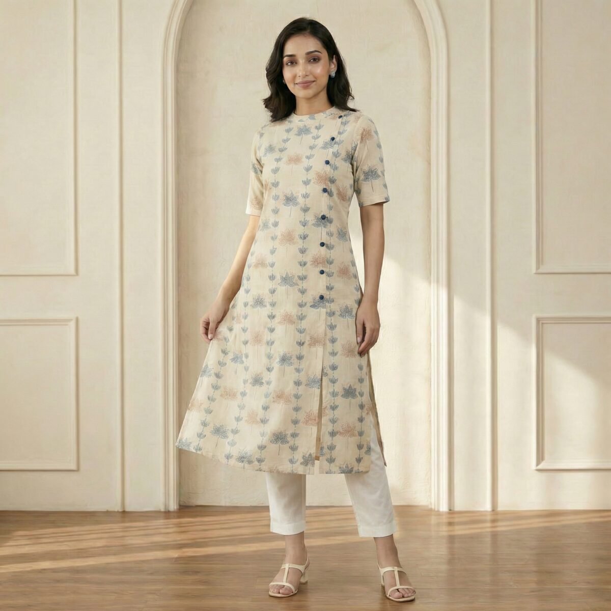 Beige Floral Printed Cotton Kurta Pant Set for Women - Image 2