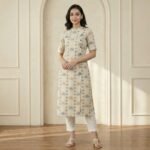 Beige Floral Printed Cotton Kurta Pant Set for Women