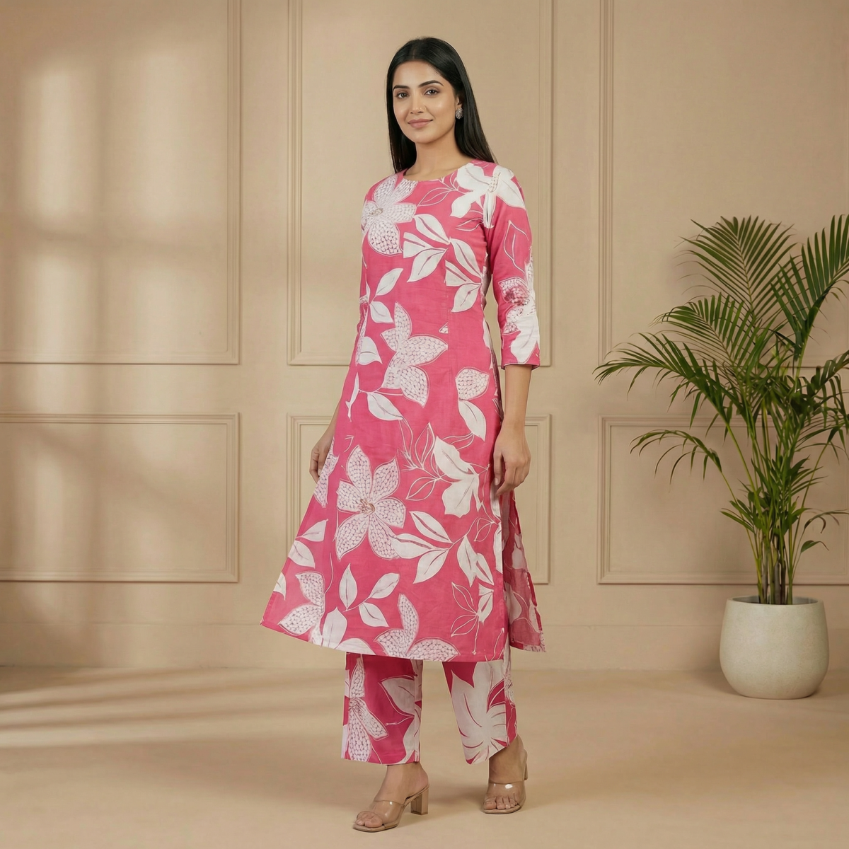 Pink Floral Cotton Kurta Pant Set – 3/4 Sleeve Printed Ethnic Wear - Image 4