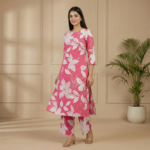 Pink Floral Cotton Kurta Pant Set – 3/4 Sleeve Printed Ethnic Wear - Image 4