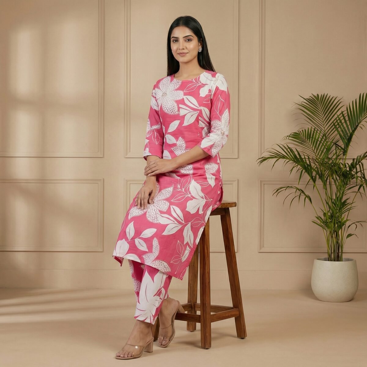 Pink Floral Cotton Kurta Pant Set – 3/4 Sleeve Printed Ethnic Wear - Image 2
