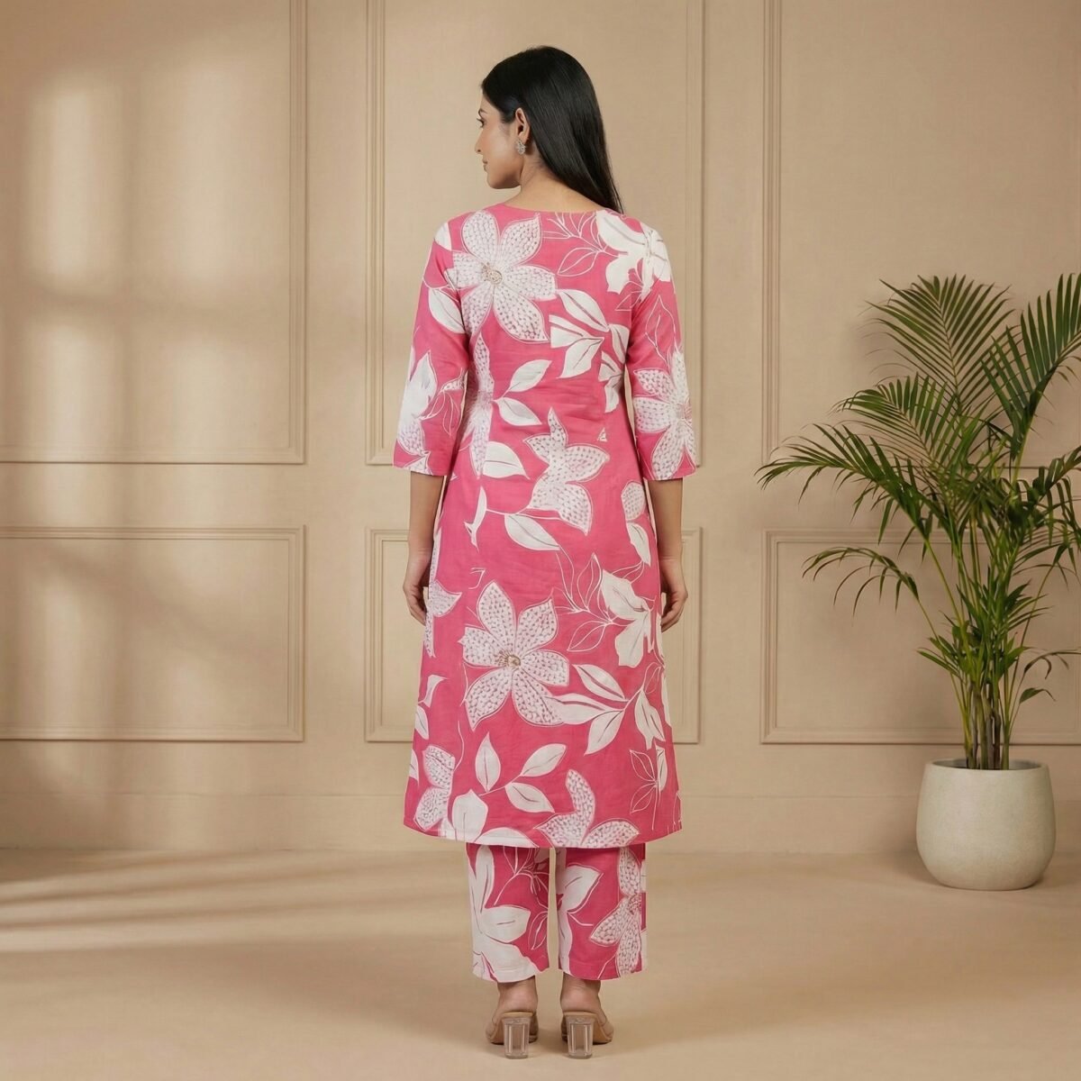 Pink Floral Cotton Kurta Pant Set – 3/4 Sleeve Printed Ethnic Wear - Image 3